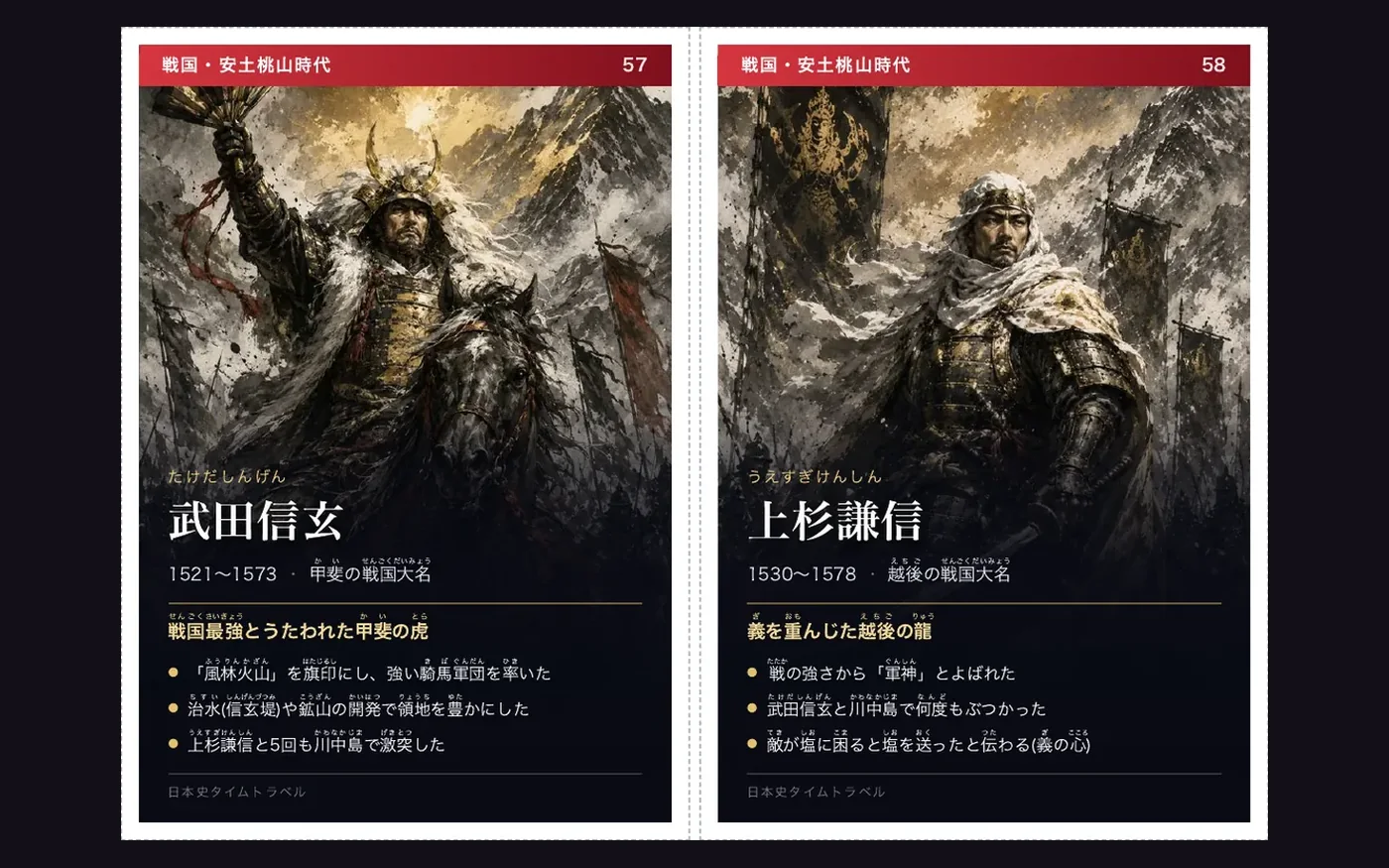 人物カード。武田信玄と上杉謙信、ふりがな・功績つきで印刷できる